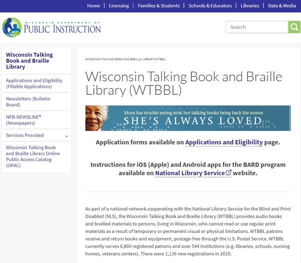 Wisconsin Talking Book and Braille Library screenshot