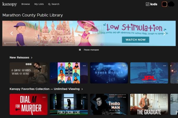 Screenshot of a Kanopy streaming page for Marathon County Public Library with a banner for "Low Stimulation" and several film titles listed below.