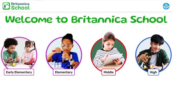Britannica School website screenshot with categories: elementary school, middle school, high school
