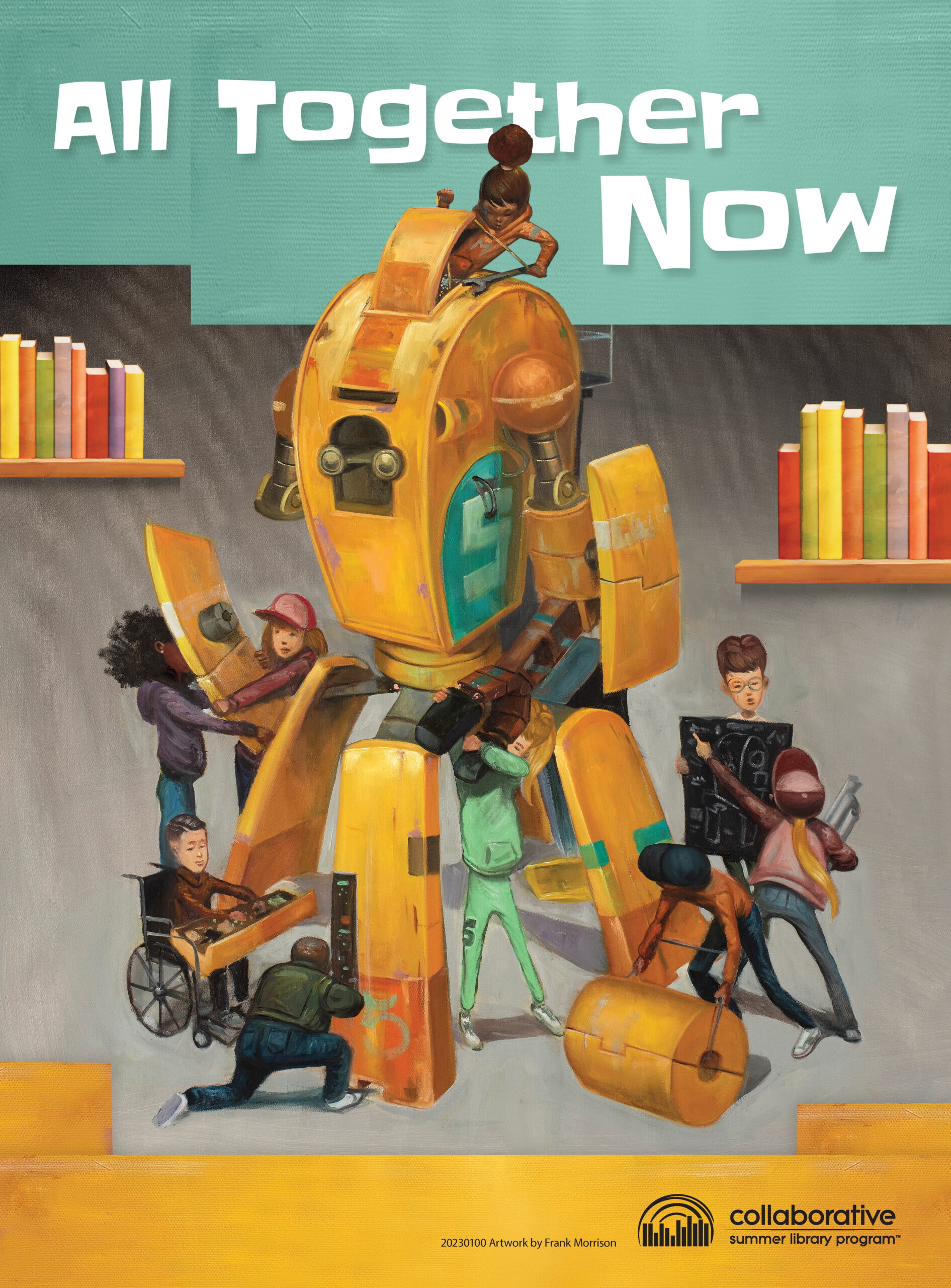 children building book robot under slogan 'All Together Now'