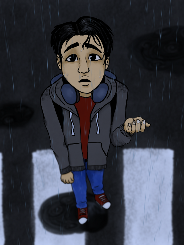 A young teen looks up uncertainly at the sky. Rain drops fall all around and into their open hand.