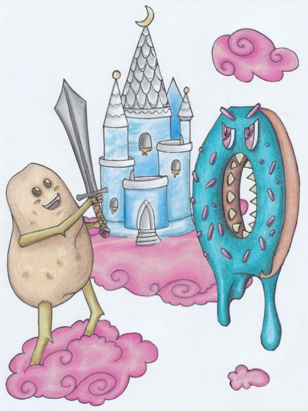 A smiling potato holds a large sword. An angry donut floats menacingly toward the potato. A blue castle is in the background.