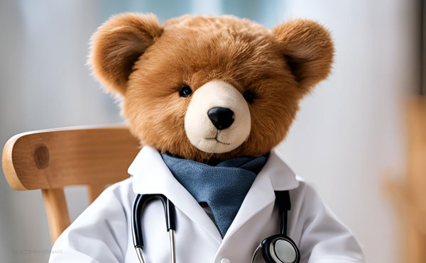 stuffed bear dressed as a doctor (via Canva AI)