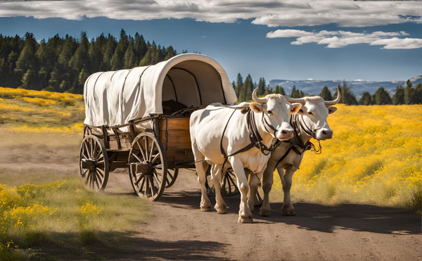 oxen pulling covered wagon