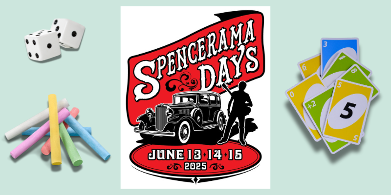 spencerama days poster and graphics of dice, chalk, and game cards