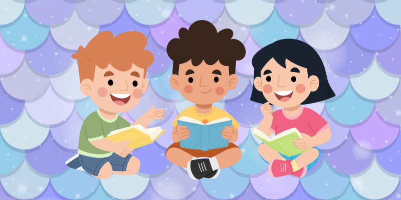 children reading with colorful sparkly fish scale background