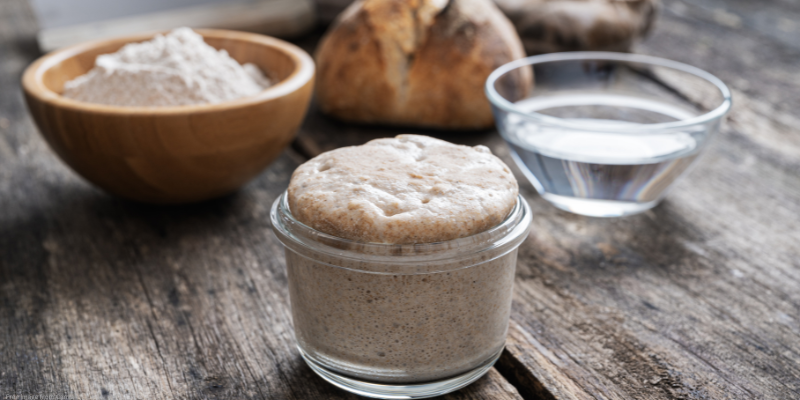 sourdough starter, flour, water, and bread