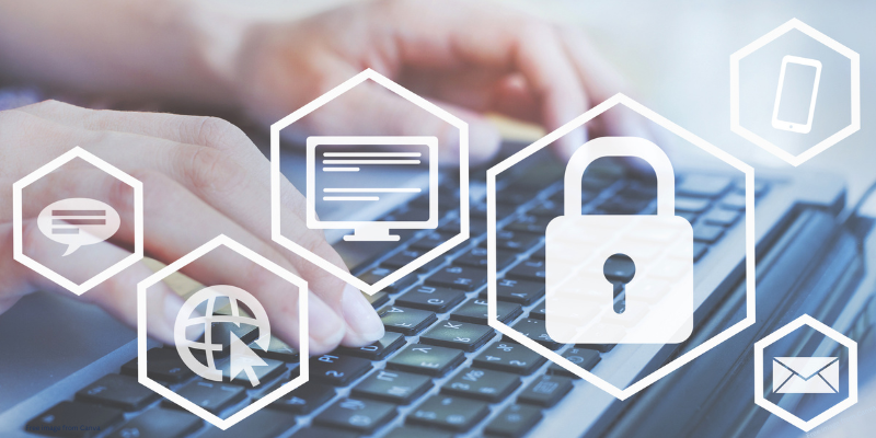 Hands typing on a keyboard with overlay icons of security and technology.