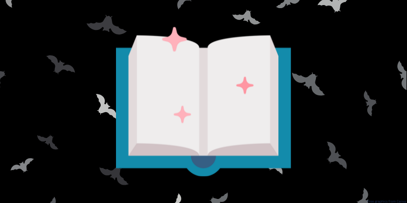 black background with cartoon bats with a large graphic of a book open