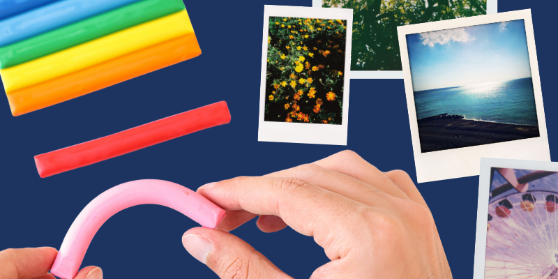 hands bending clay with a variety of colored clay pieces nearby. Scattered polaroid photos are next to the clay.