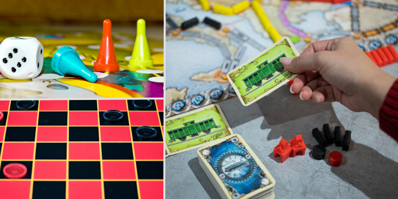 Checker board, dice, game pieces, and board game with trains and cards on top.