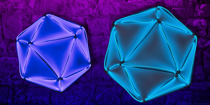 neon stone background with neon 20-sided die