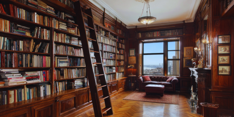 A traditional library room with wooden bookshelves, a rolling ladder, and a view of the city through a large window.