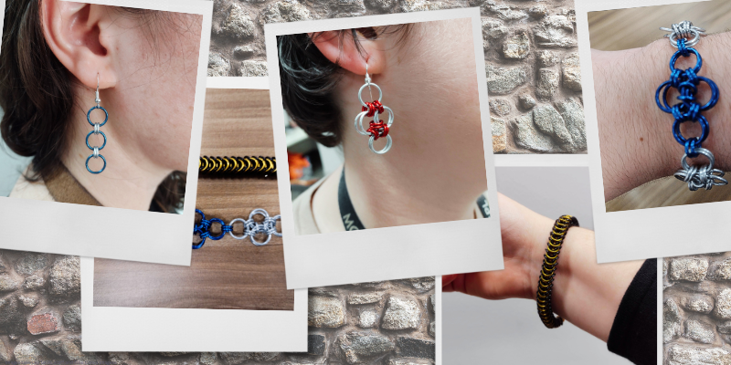 faded stone wall background with polaroid images of earrings and bracelets made out of chain mail