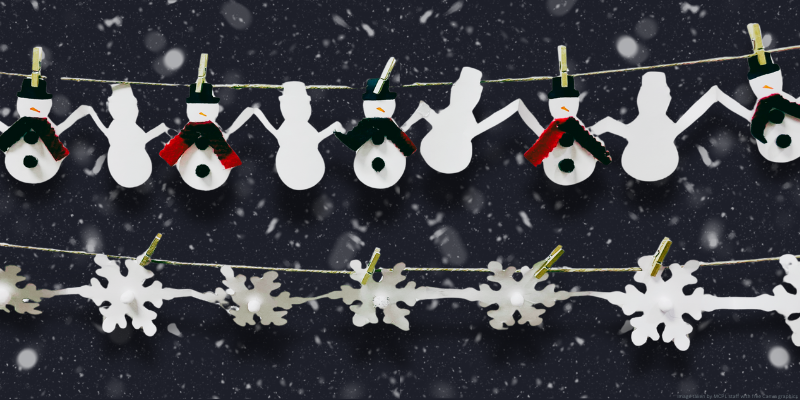 dark background with white snow graphics, parallel clotheslines with the top row holding a paper chain of white snowmen cutouts and the bottom row with white snowflake cutouts.