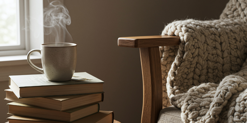 chair with chunky blanket next to an end table with a stack of books and a mug with steam coming out of it