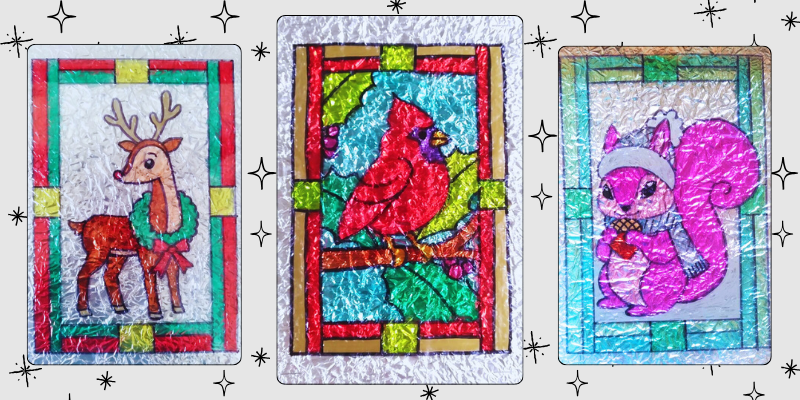 image of shimmering animals: cardinal on a branch, squirrel with a nut, and a festive reindeer