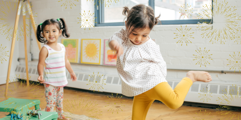 toddlers dancing with golden firework graphics