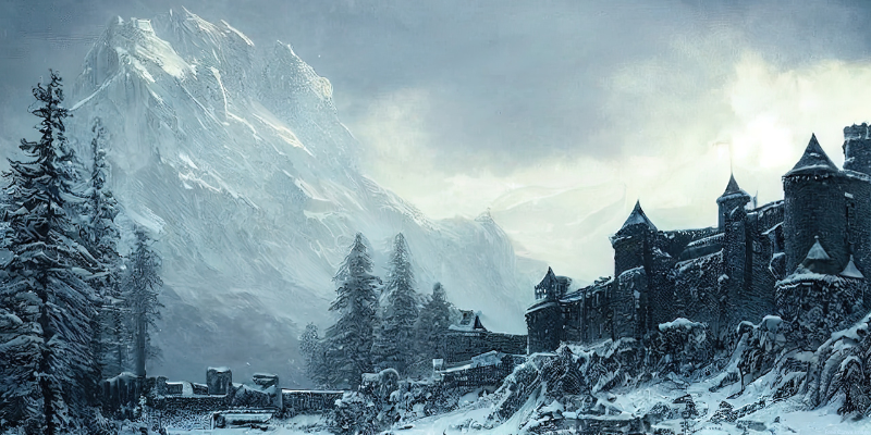 snowy mountain and old castle with an overcast sky