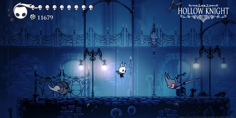 Screenshot from "Hollow Knight" featuring characters and an ornate gothic backdrop with Hollow Knight logo.