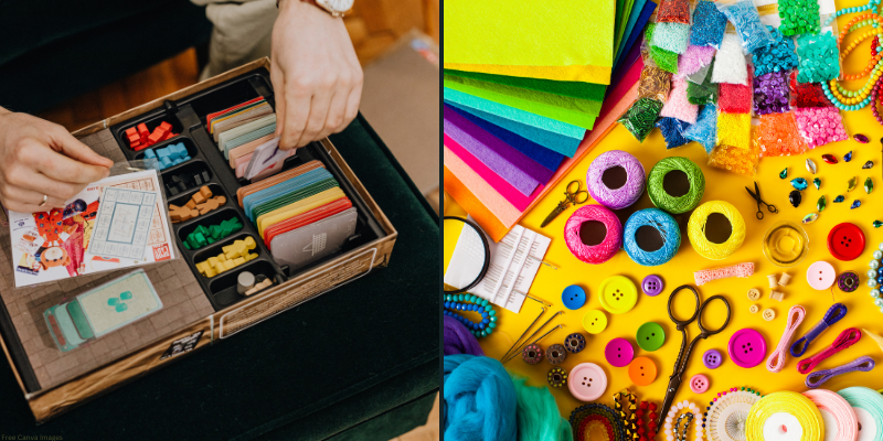 split images with the one on the left showing a person holding a game and looking through pieces, and the image on the right showing a variety of craft supplies such as paper, yarn, buttons, and more