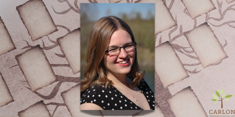 faded background of family tree with centered image of lead genealogist at carlon genealogical services, eleanor brinsko