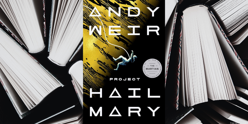 black and white background image of books with the book cover for project hail mary by andy weir in the center