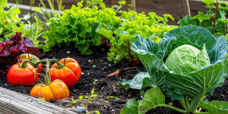 Vegetable garden bed with cabbage, tomatoes, and lettuce.