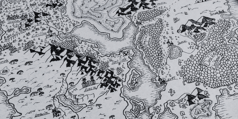 A hand-drawn fantasy map with mountains, forests, rivers, and settlements.