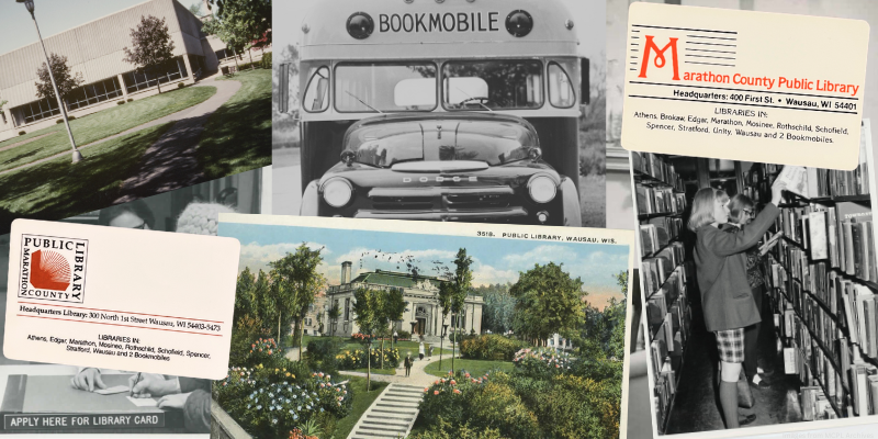 a collage of vintage photos of the MCPL bookmobile, libraries, library cards, and people
