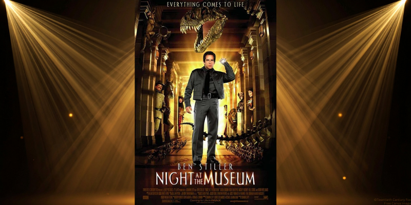 twentieth century fox "Night at the museum" movie poster with stage lights in the background