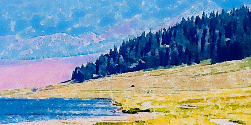 watercolor painting of a hill with trees, a lake, and a sunset