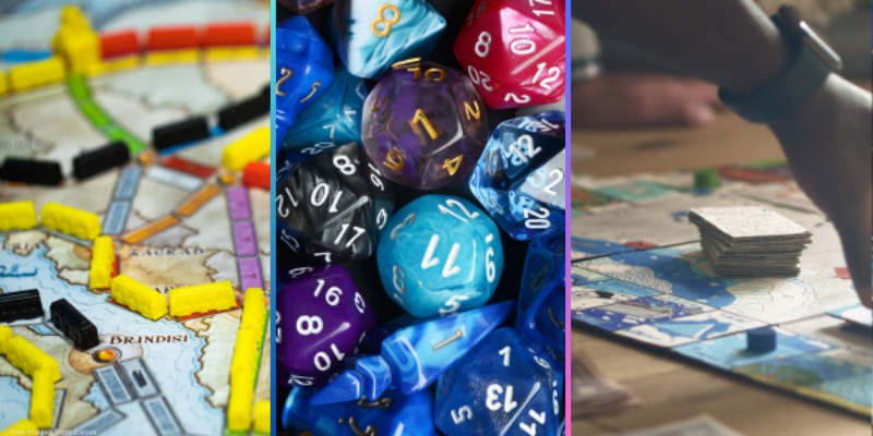 variety of board games and dice close up