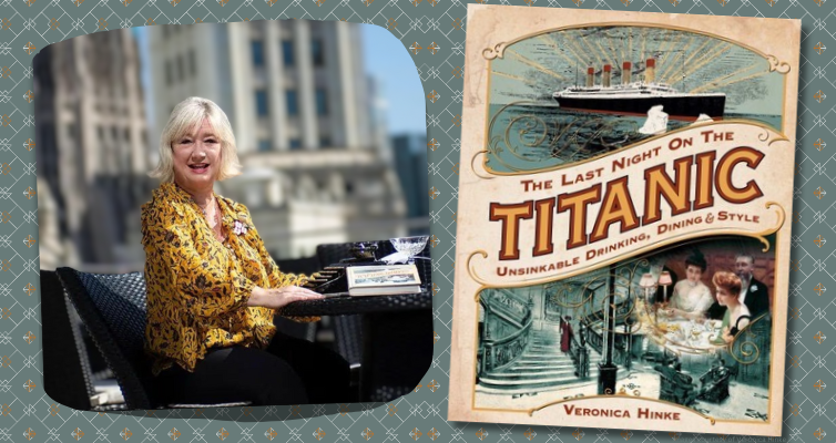 Author veronica hinke sitting at an outdoor table and the cover of the book "The Last Night on the Titanic."