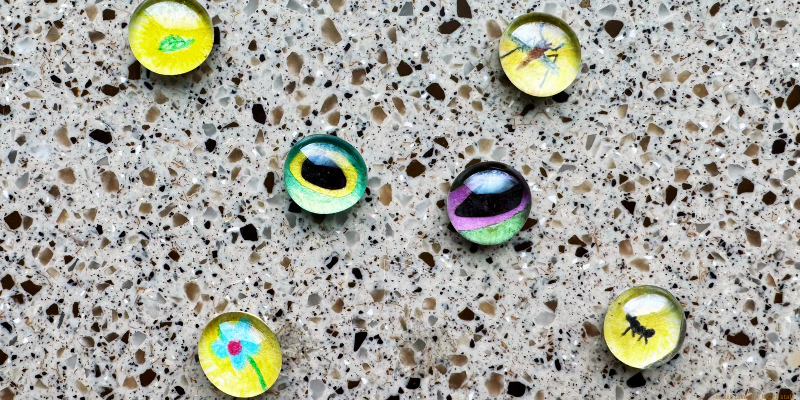 six decorative glass stone magnets with individual eyes and various bugs and flowers