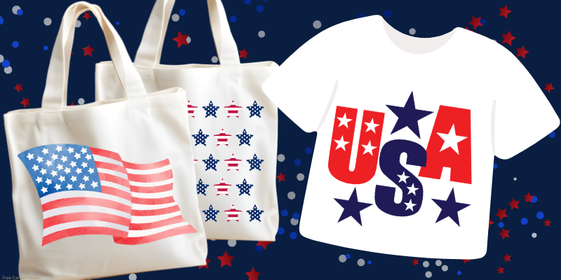 image of tote bags with american flags and stars and a tshirt with USA text and stars
