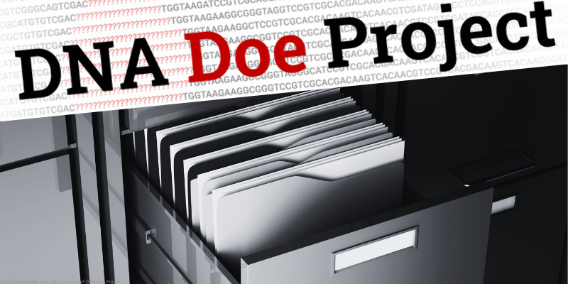 black and white image of filing cabinet open with files and the logo for DNA Doe Project on top