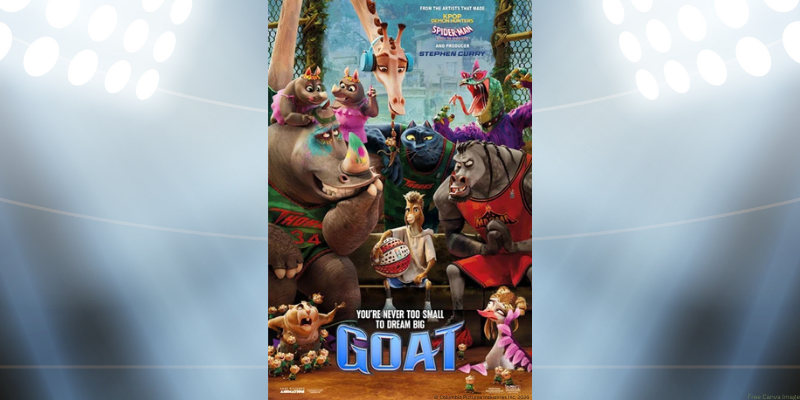 stadium background with GOAT movie poster in the center