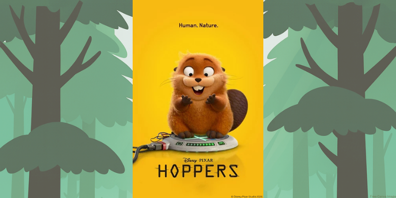 tree background with movie poster for hoppers in the middle