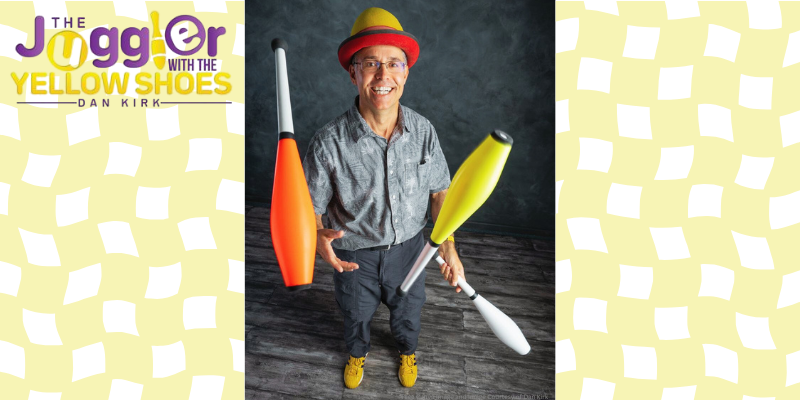image of man juggling pins with the juggler with yellow shoes logo in the corner