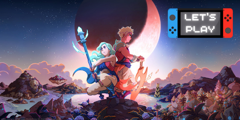 Two characters stand back-to-back with a glowing moon behind them, in a fantastical landscape with mountains and flowers, and "LET'S PLAY" displayed in the corner with a nintendo switch graphic