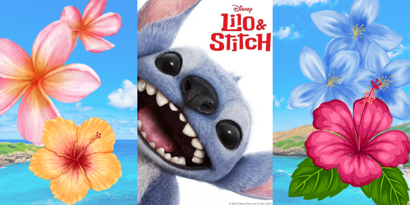 ocean background with hawaiian flowers and the movie poster for lilo & stitch live action movie in the center