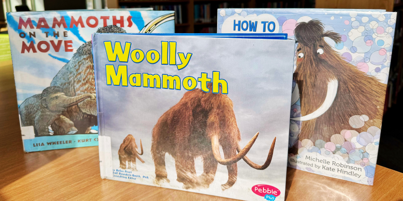 Three children's books about mammoths displayed on a table.