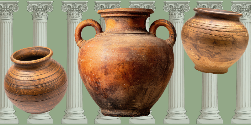 image of columns in background with three old amphoras