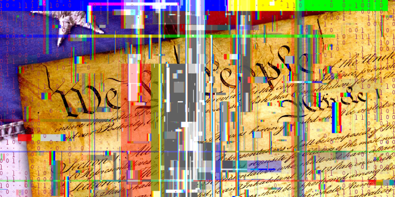 glitched tech photo of us constitution showing we the people