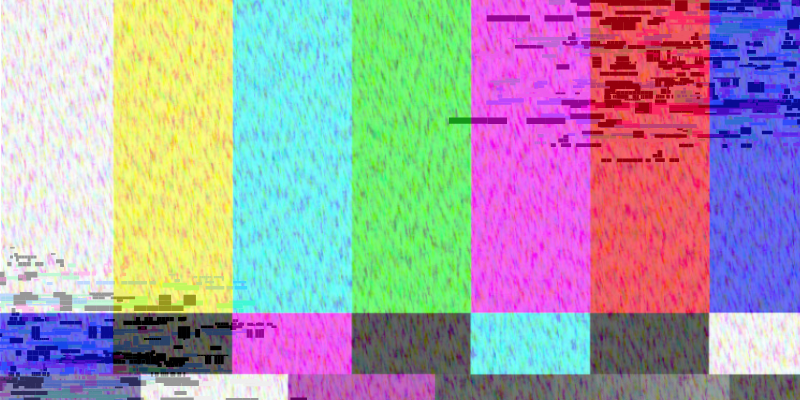 A distorted screen with vertical color bars and digital glitches.