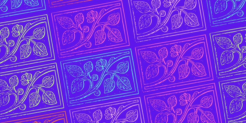 blue purple background with colored floral stamp pattern