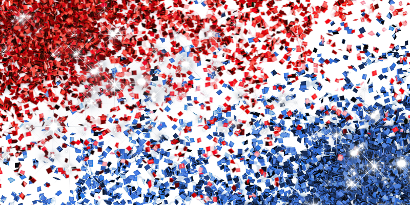 white background with red and blue glitter and white stars