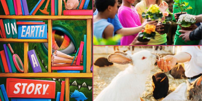poster of dinosaur peaking through bookshelves and text that reads "Unearth a Story" next to images of children with flower pots and a rabbit
