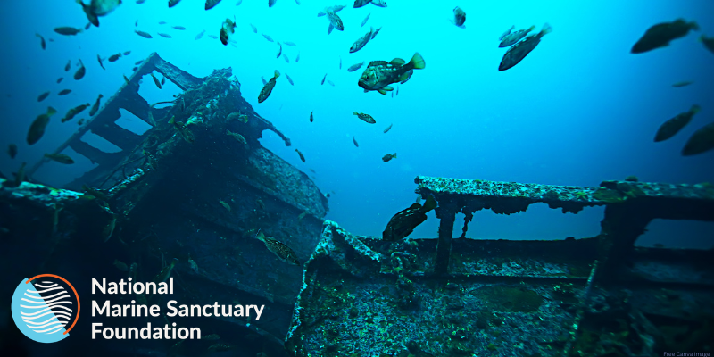 shipwreck in the water with national marine sanctuary logo